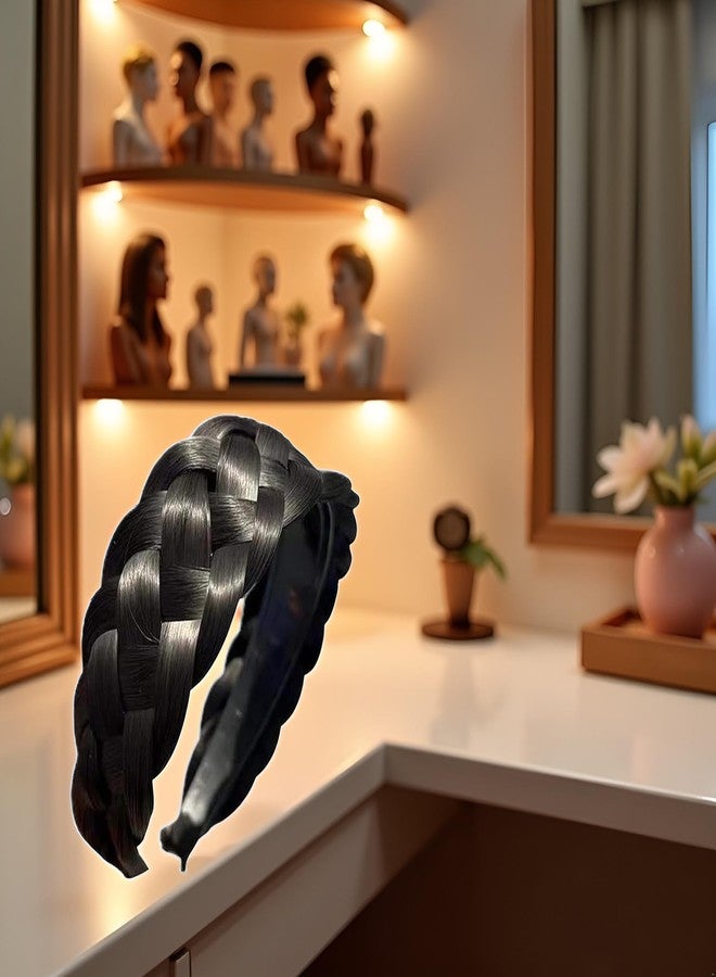 Mozff Black Brown Twist Braided Headband Wig Headband Wide-Brimmed Hair Hoop Simple Ponytail Braid Hairpiece Hairband Hair Accessories Stretch Quality Synthetic Braided Headbands Women Girl Hairs Braid - Image 4
